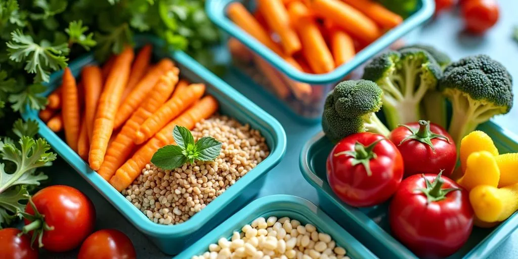 Plan de repas sain avec fruits et légumes colorés.