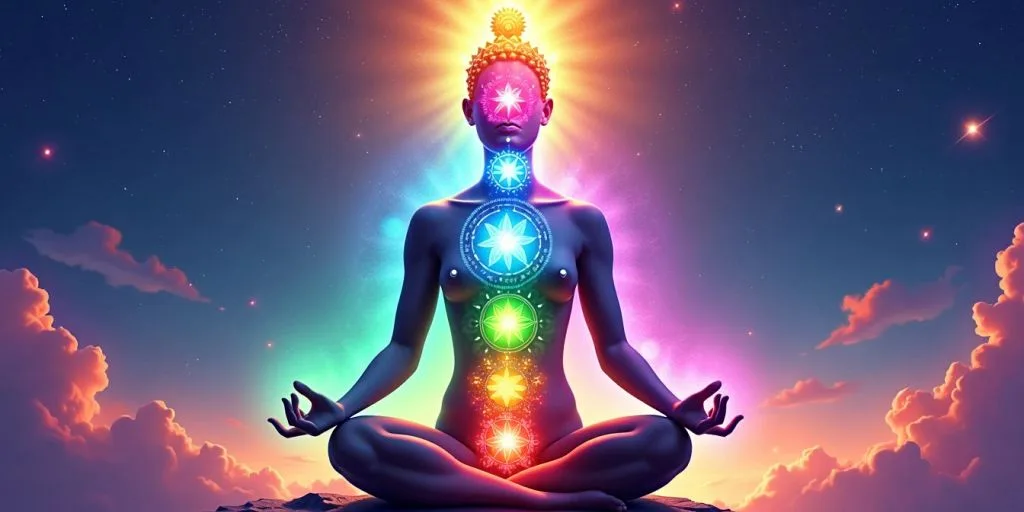 Illustration des chakras alignés sur une silhouette humaine.