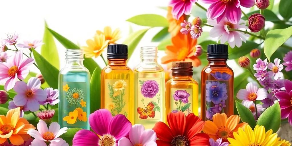 Bouteilles d'élixirs floraux entourées de fleurs fraîches.