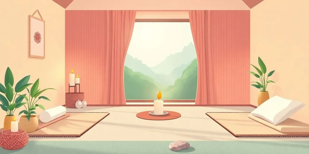 Espace zen avec tapis, bougies et plantes pour le bien-être.