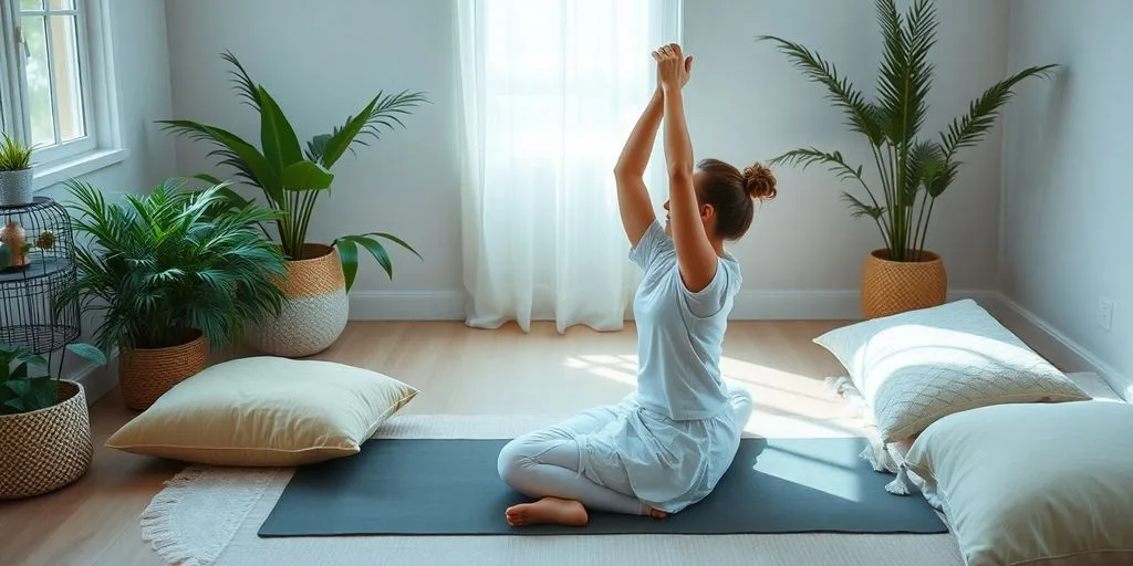 Personne en yoga restauratif dans un cadre apaisant.