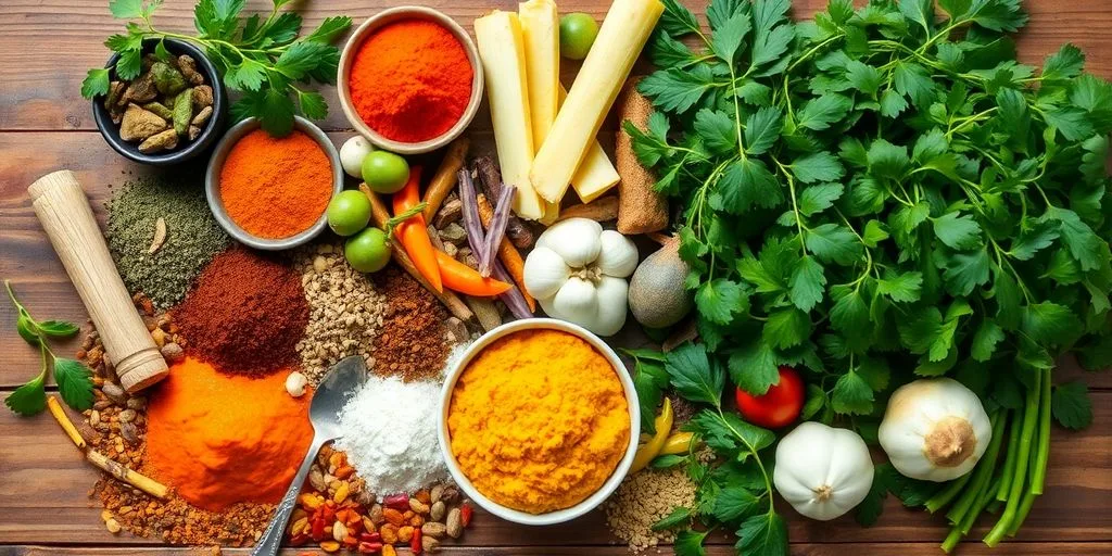 Ingrédients ayurvédiques colorés sur une table en bois.