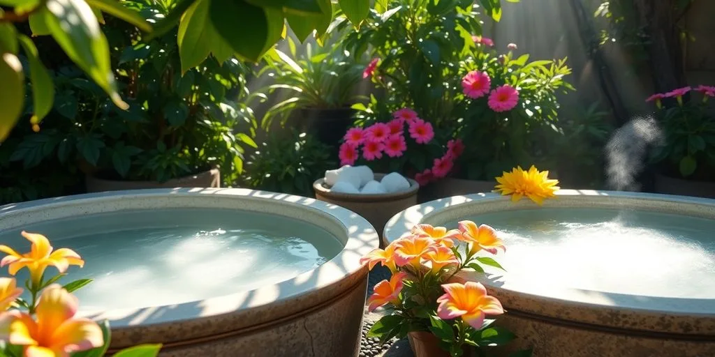 Bains naturels entourés de verdure et de fleurs lumineuses.