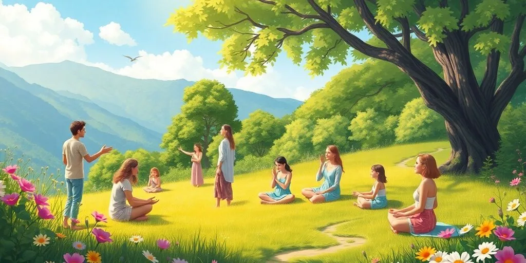 Groupe de personnes pratiquant la médecine anthroposophique en nature.