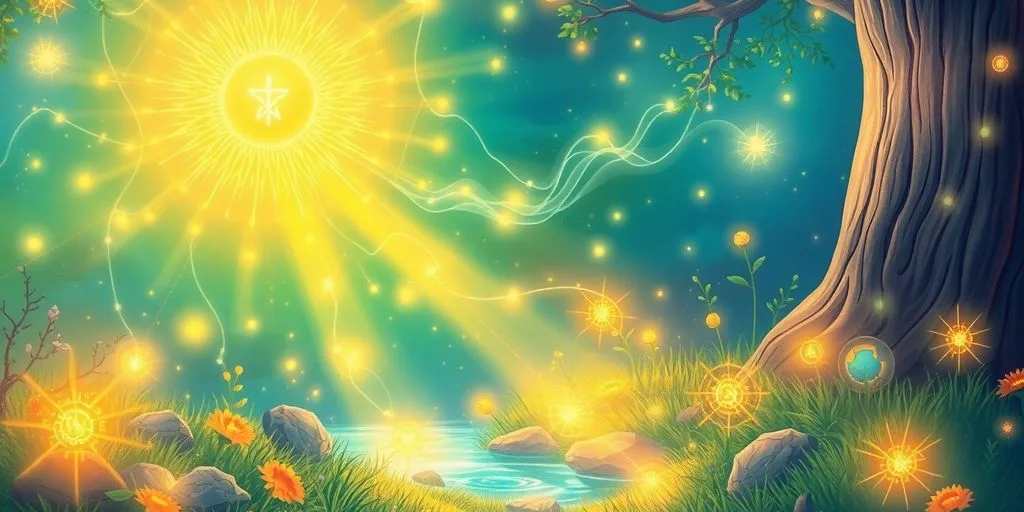 Illustration d'énergies subtiles dans un paysage serein.
