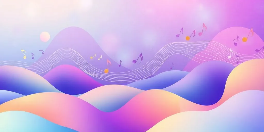 Paysage serein avec vagues sonores et notes de musique.