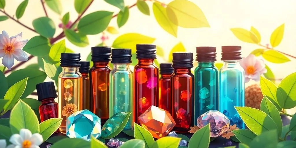 Bouteilles de gemmothérapie entourées de feuilles vertes.