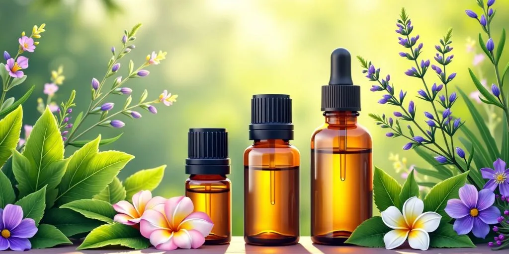 Bouteilles d'huiles essentielles avec des herbes et des fleurs.