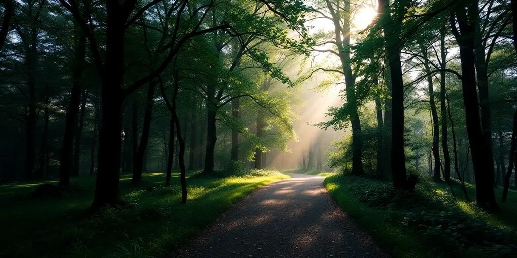 Un chemin paisible dans une forêt tranquille et lumineuse.
