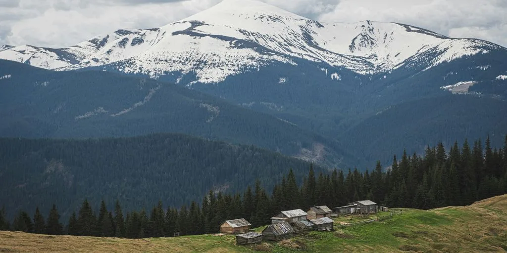 a view of a mountain range with houses in the foreground
