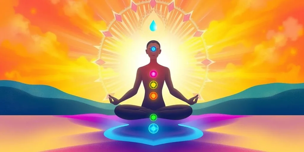Illustration d'une figure méditative avec des chakras colorés.