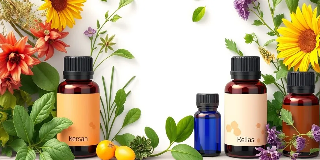 Bouteilles d'huiles essentielles et herbes fraîches.