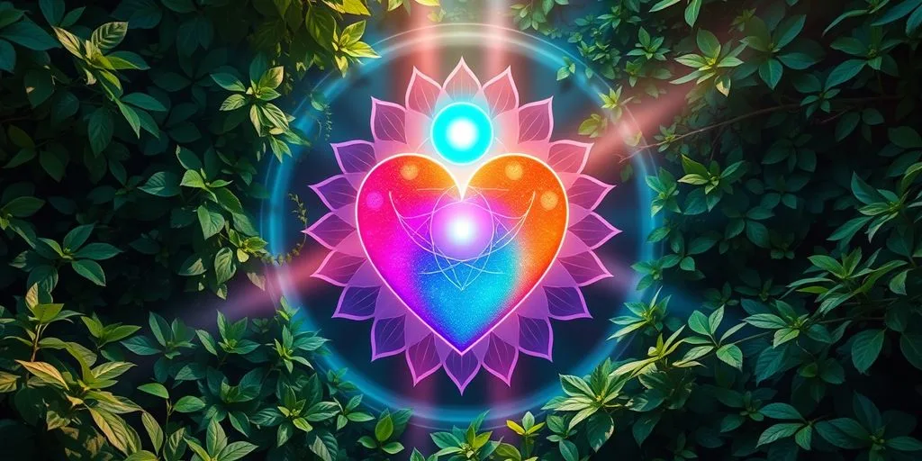 Symbole du chakra du cœur entouré de verdure.