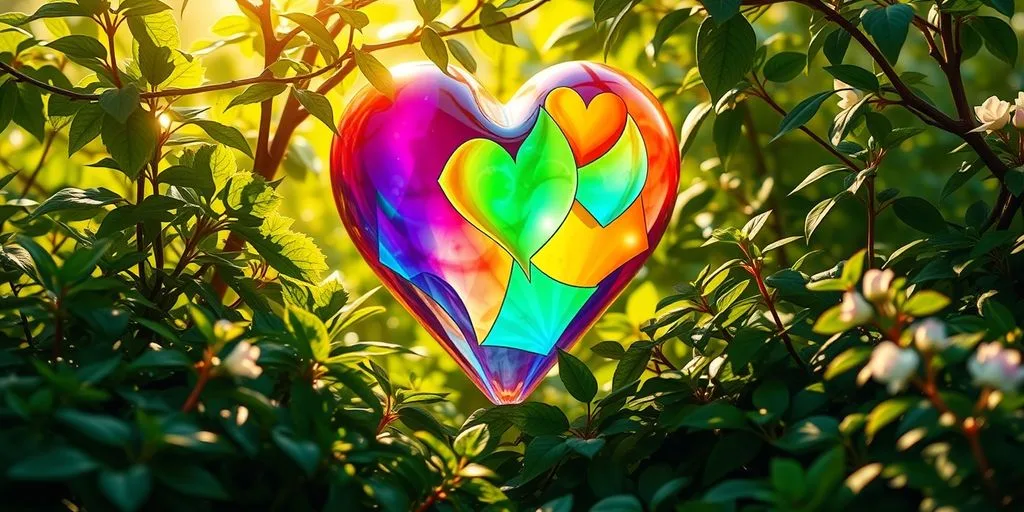 Cœur vibrant entouré de verdure et de lumière douce.