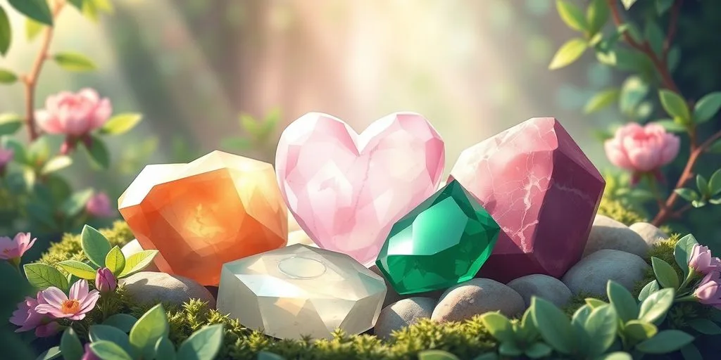 Pierres du chakra du cœur sur un fond naturel.