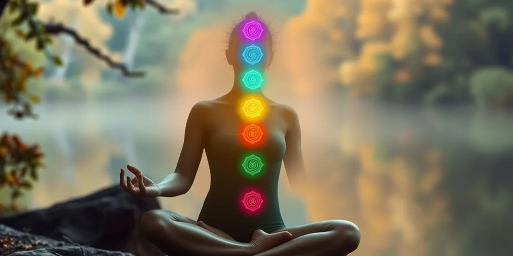 Illustration d'une personne méditant avec des chakras lumineux.
