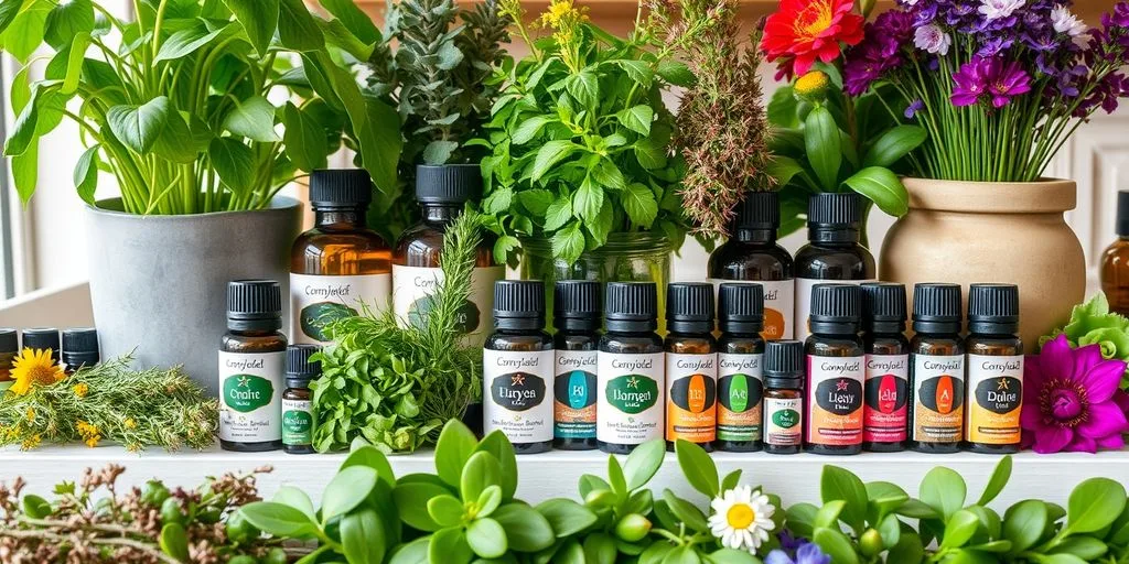 Bouteilles d'huiles essentielles et plantes aromatiques.