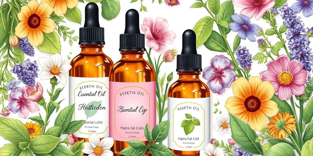 Bouteilles d'huiles essentielles avec des herbes et fleurs.