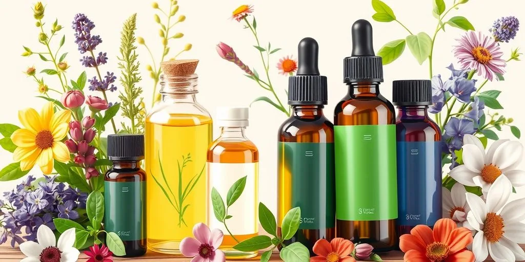 Bouteilles d'huiles essentielles avec des herbes fraîches.