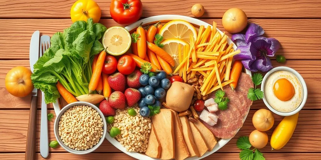 Repas équilibré avec fruits et légumes colorés.