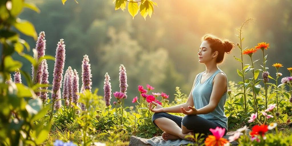 Personne méditant dans la nature, entourée de plantes.