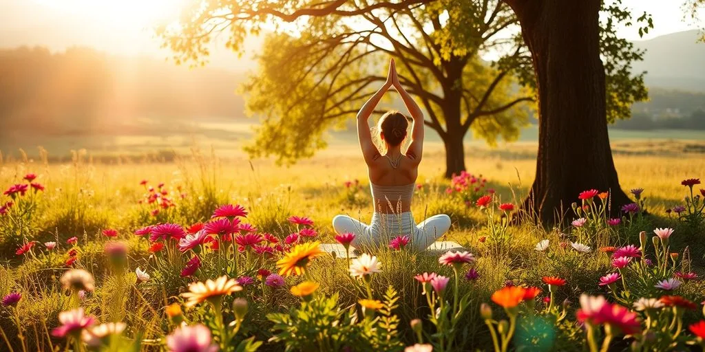 Personne pratiquant le yoga dans un paysage naturel.