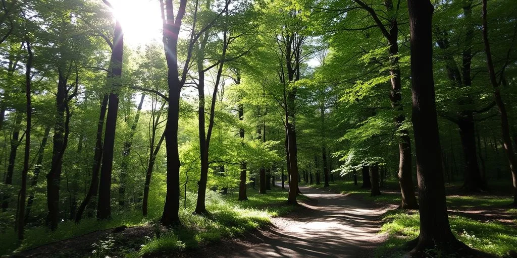 Scène de forêt paisible avec lumière et verdure.