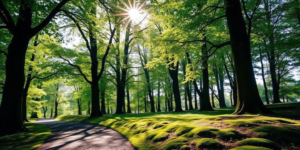 Scène de forêt relaxante avec des arbres verdoyants.