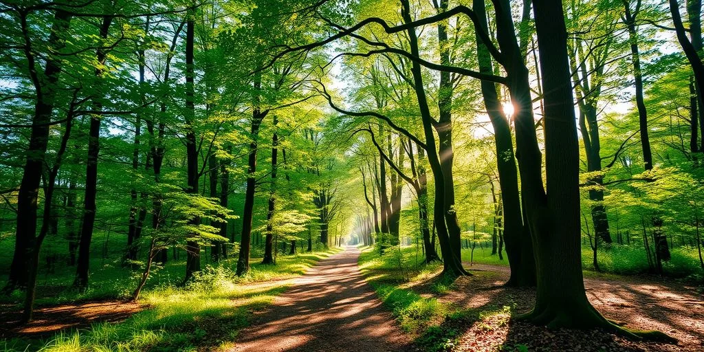 Scène de forêt paisible avec lumière et verdure.
