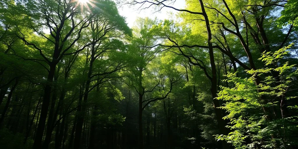 Forêt apaisante avec lumière filtrée à travers les arbres.