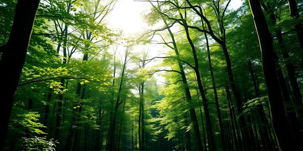 Forêt paisible avec lumière filtrant à travers les arbres.