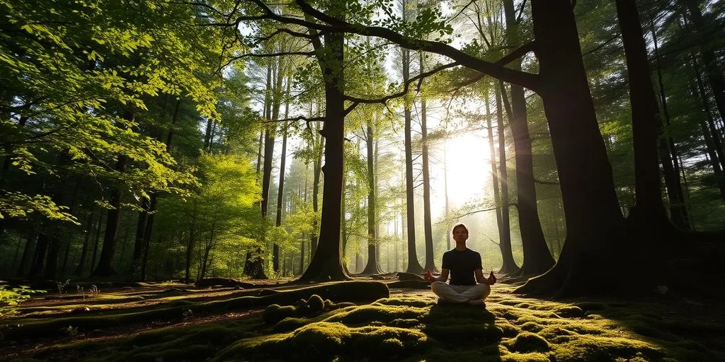 Person méditant dans une forêt paisible et lumineuse.