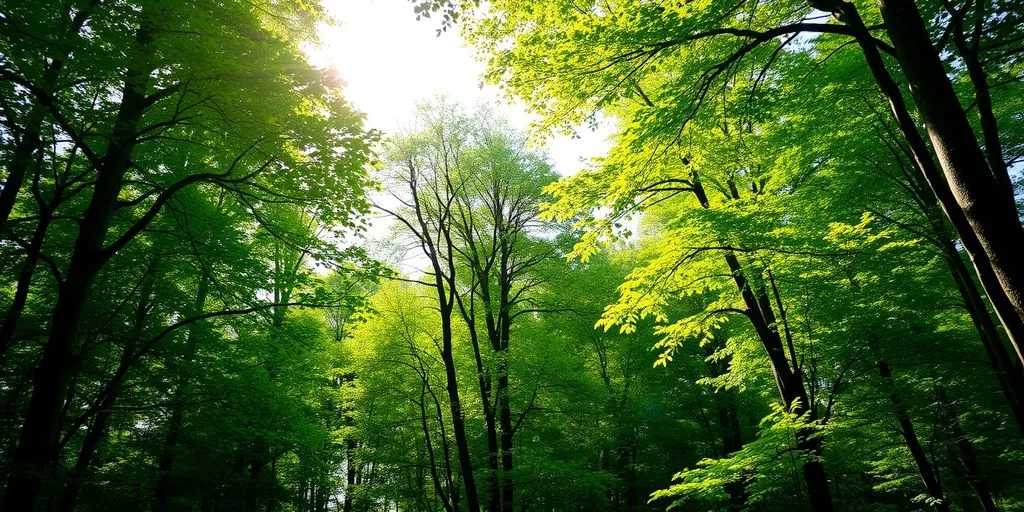 Forêt paisible avec lumière et feuillage luxuriant.