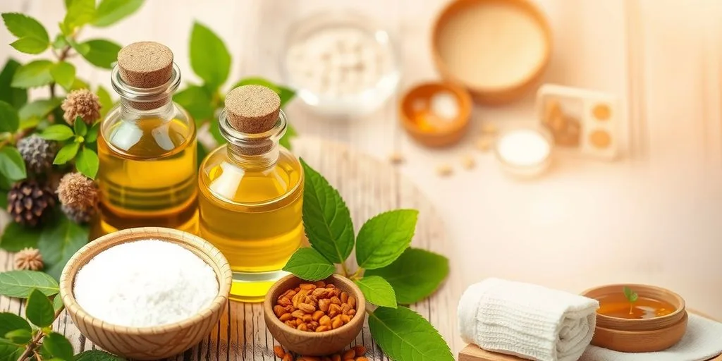 Herbes ayurvédiques et huiles dans un cadre apaisant.
