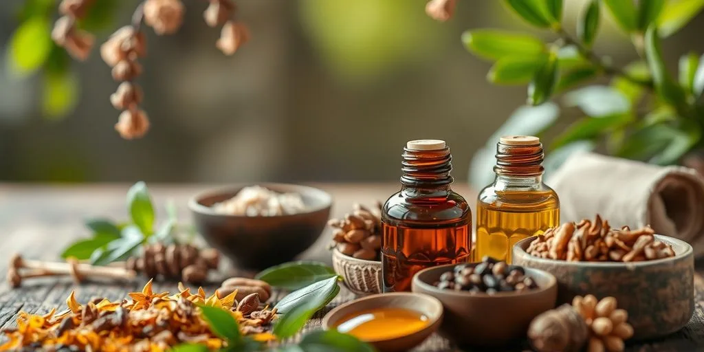 Préparation d'une cure ayurvédique avec des herbes et huiles.