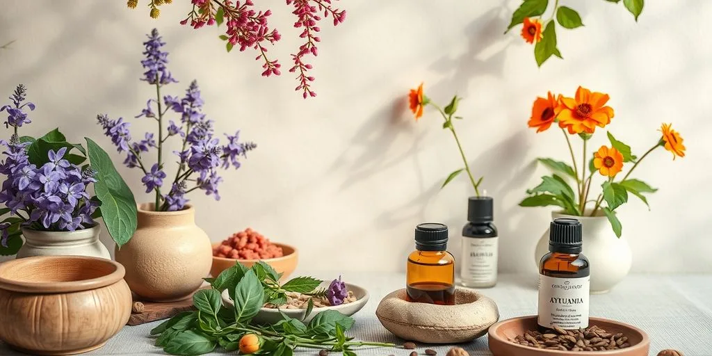 Scène ayurvédique apaisante avec herbes et huiles essentielles.