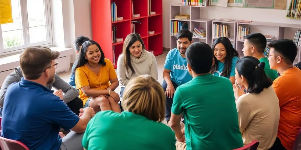 Groupe d'étudiants discutant ensemble en cercle.