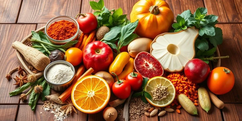 Aliments ayurvédiques colorés et sains sur une table en bois.