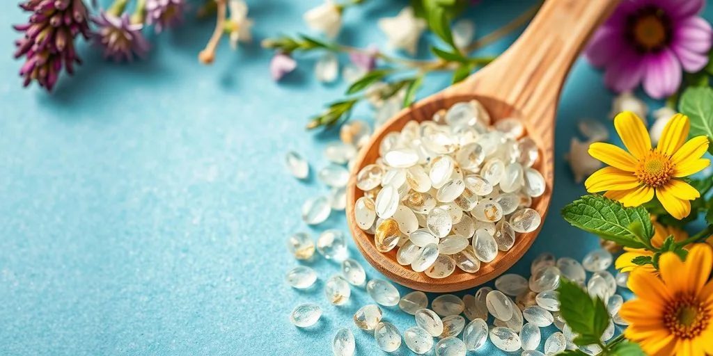 Granules homéopathiques dans une cuillère en bois.