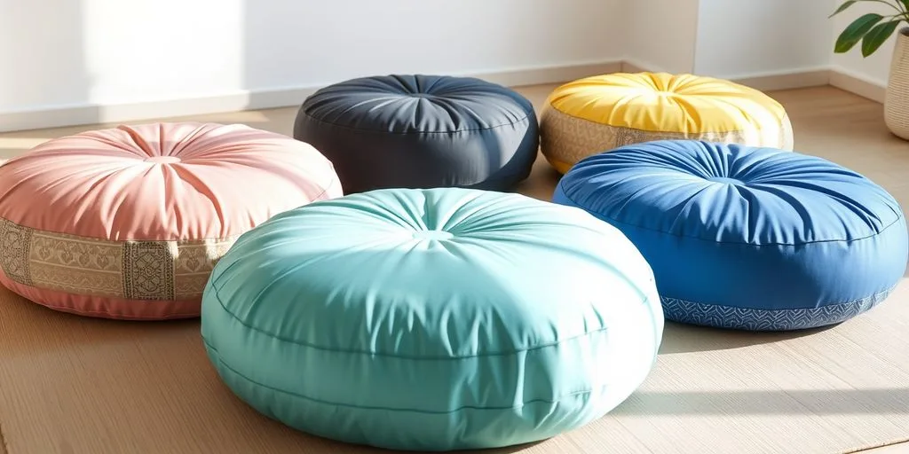 Différents coussins zafu de yoga colorés.
