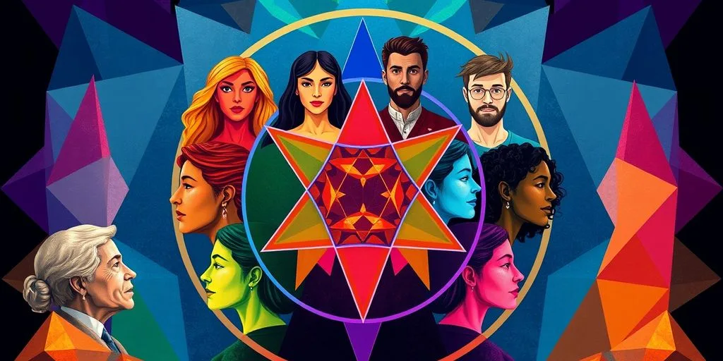 Illustration de personnalités diverses et formes géométriques.