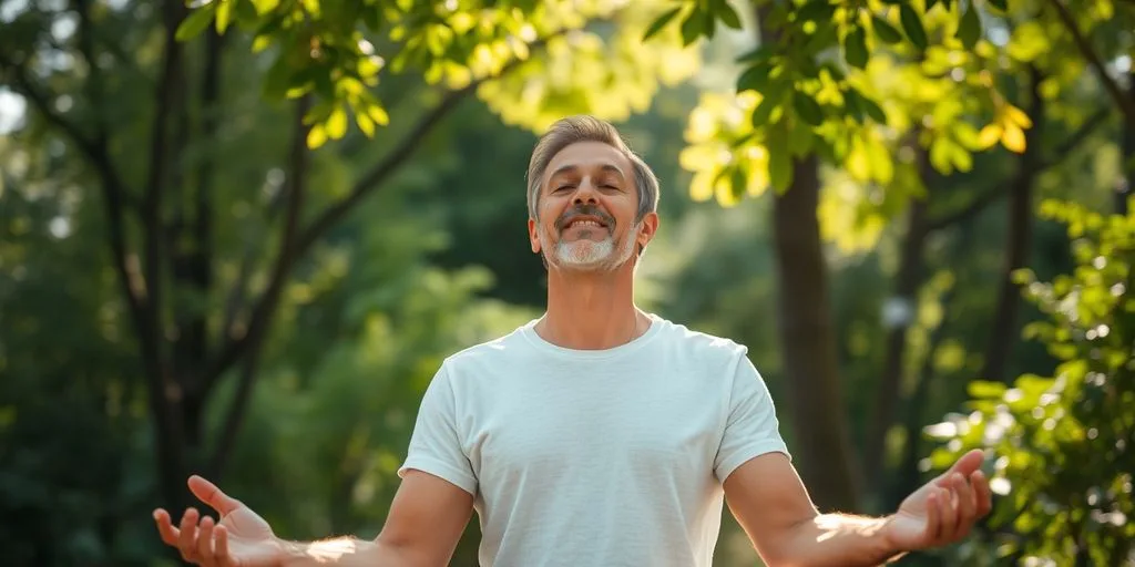 Personne pratiquant la sophrologie dans un environnement paisible.