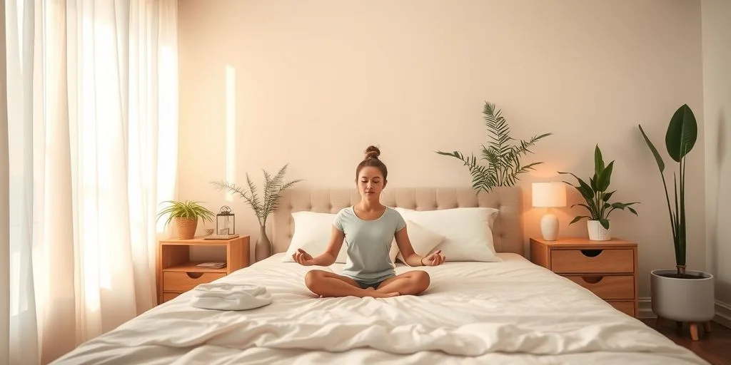Personne méditant dans une chambre paisible.