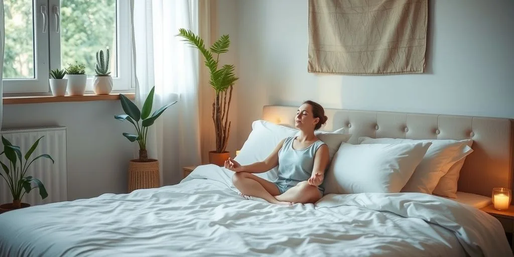 Person méditant dans une chambre paisible et lumineuse.