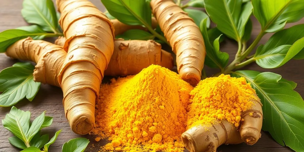 Curcuma en racines et en poudre, illustrant ses bienfaits.