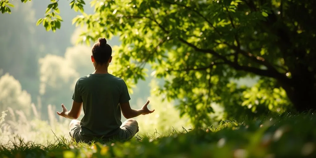 Personne méditant dans la nature, entourée de verdure.