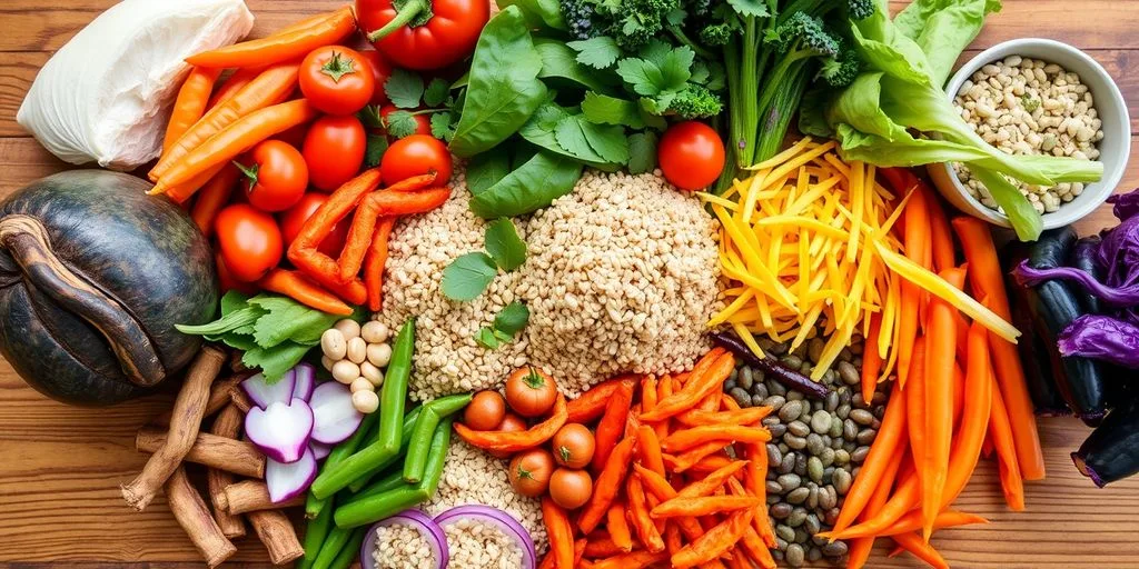 Repas végétarien équilibré avec légumes et céréales.