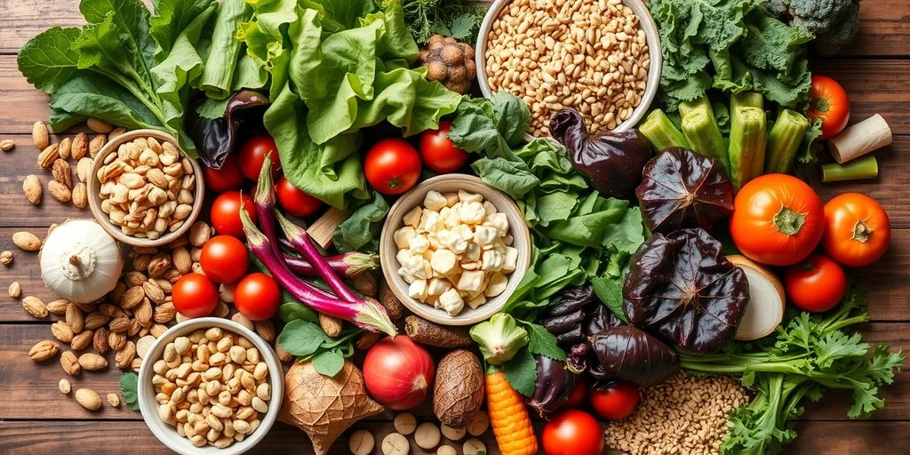 Aliments végétariens colorés et nutritifs sur une table en bois.