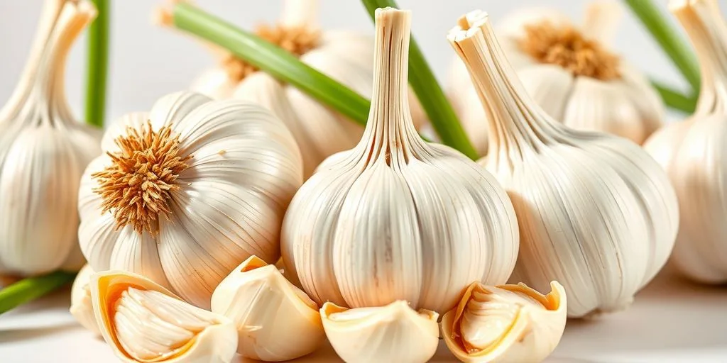 Ail frais et gousses sur fond lumineux.