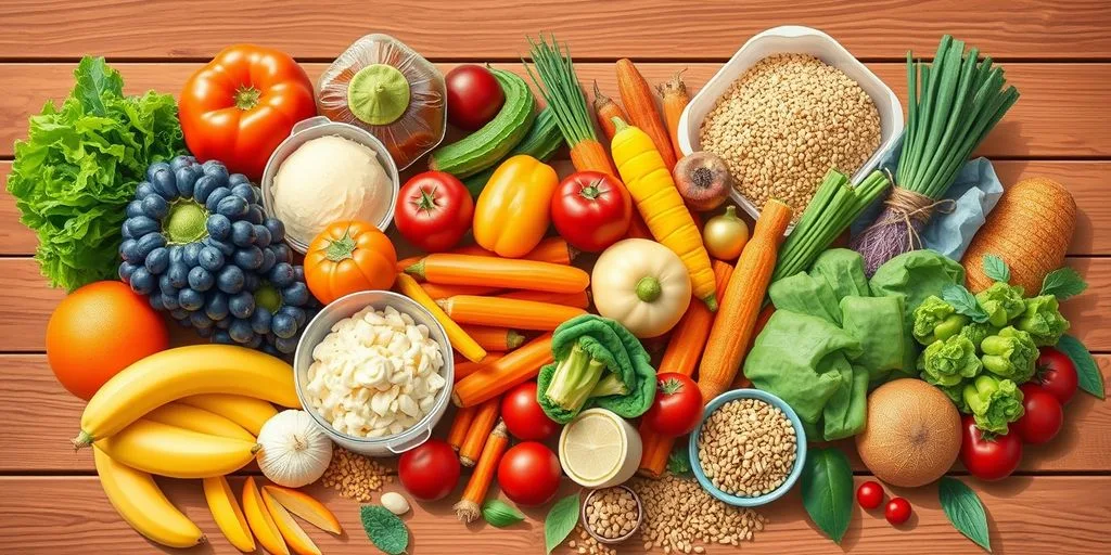 Illustration de divers aliments sains sur une table en bois.